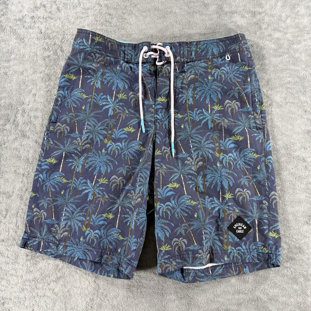 American Eagle Board Shorts Men’s Small Blue Palm Tree Drawstring Beach 9.5”